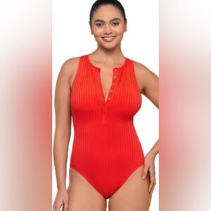 S3 Swim One Piece Red Ribbed Swimsuit, Large